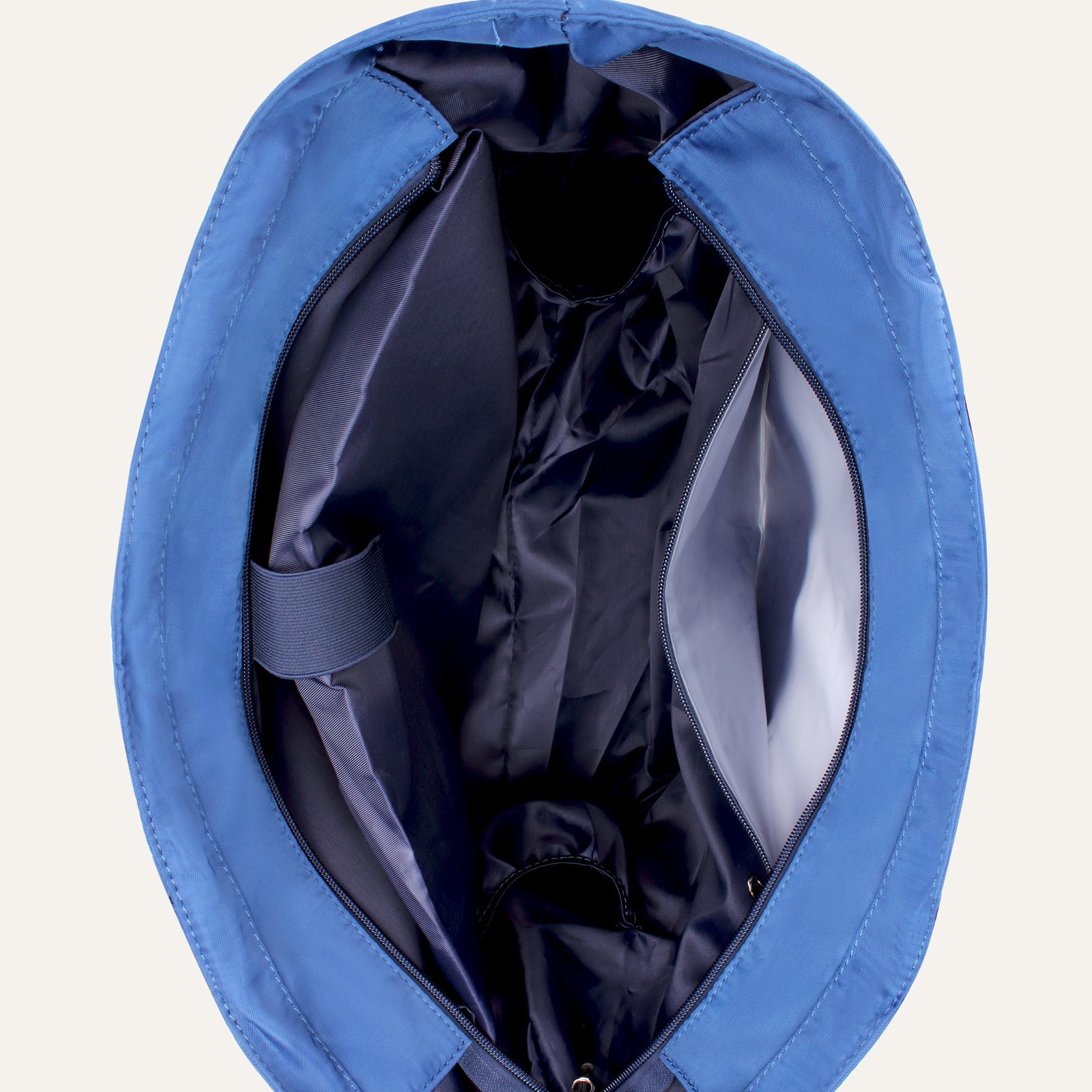 Organized interior pockets inside the blue tennis tote