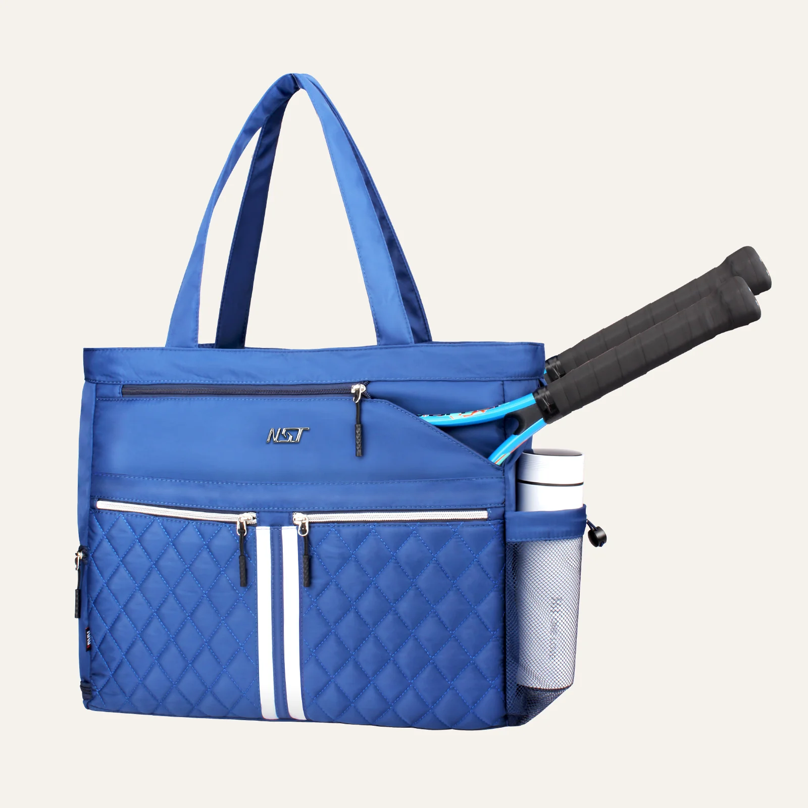 Blue tennis tote with its outside racket sleeve