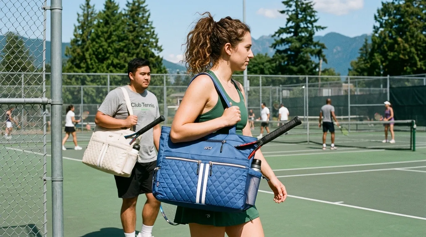 Players carrying blue and cream NST Tennis Totes beside a tennis court