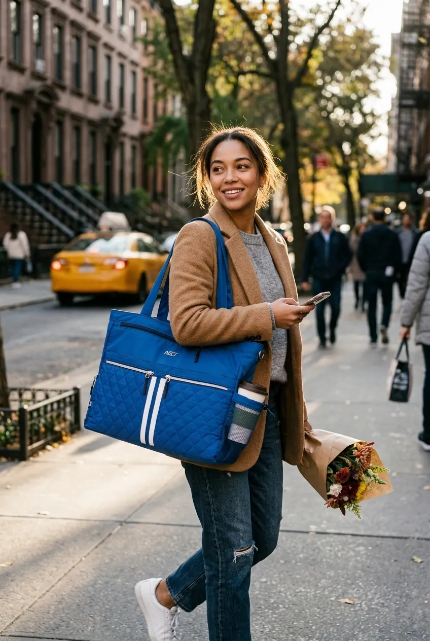 Woman carrying a blue NST Tennis Tote on a city sidewalk