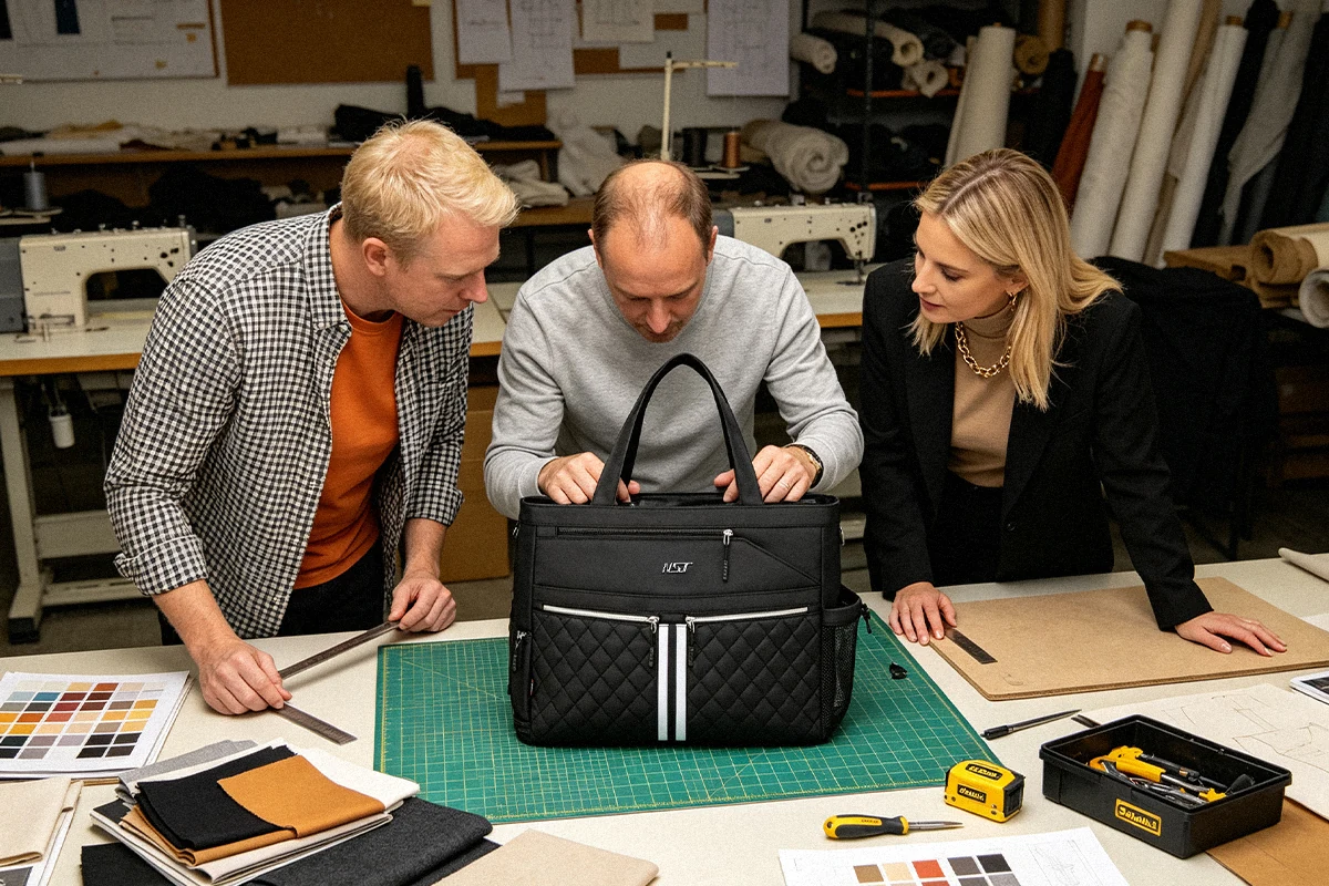 Three people examining a black tote on a worktable