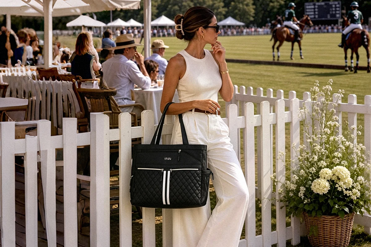 Woman carrying a black NST Tennis Tote beside a white fence