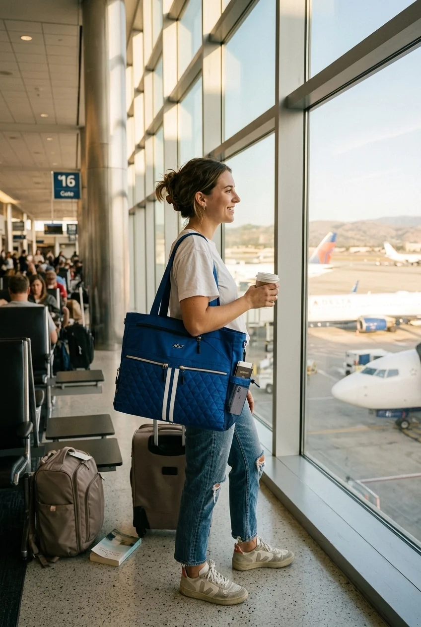 Traveler carrying a blue NST Tennis Tote with a suitcase at an airport