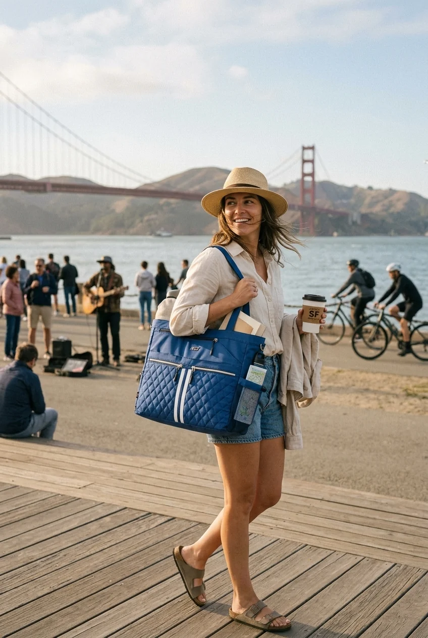 Woman carrying a blue NST Tennis Tote beside the Golden Gate Bridge