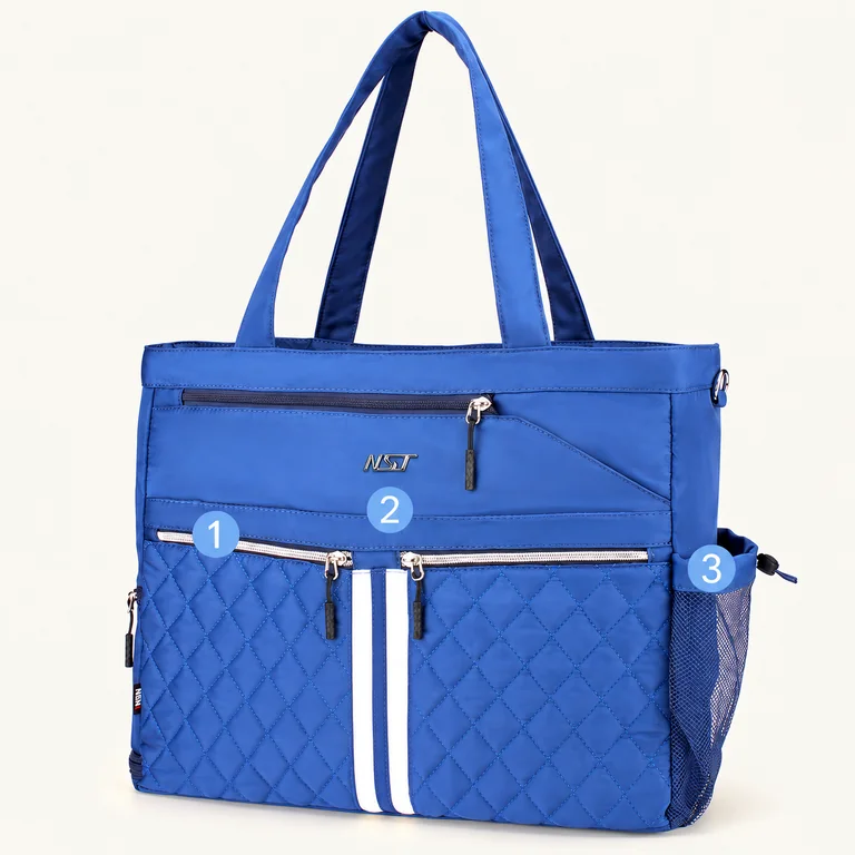 Front view of the blue NST Tennis Tote with numbered exterior storage areas.
