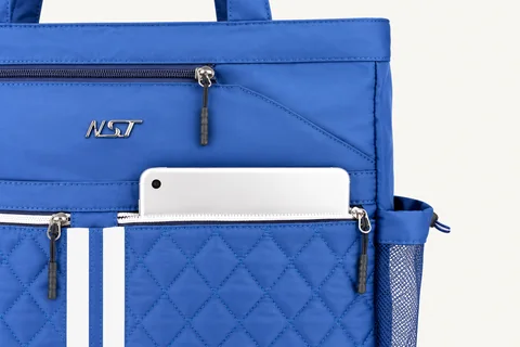 Front zipped pocket holding a tablet.