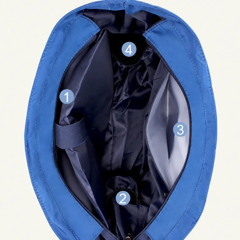 Open top view of the blue NST Tennis Tote with four numbered interior storage areas.