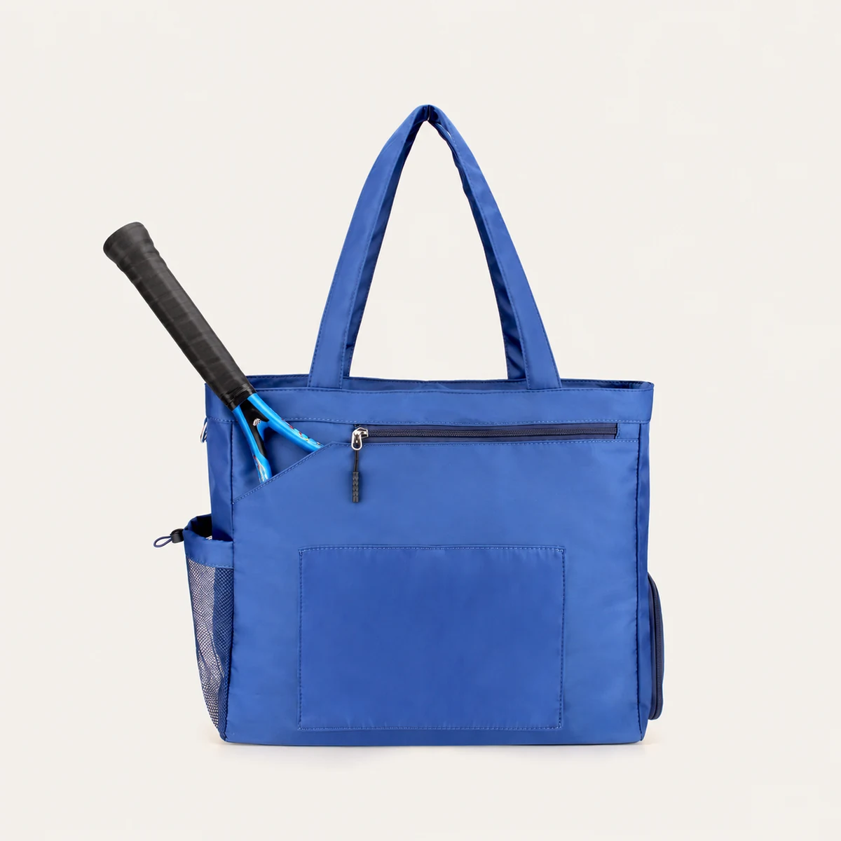 Rear view of the blue NST Tennis Tote holding one full-size tennis racket in the rear racket position.