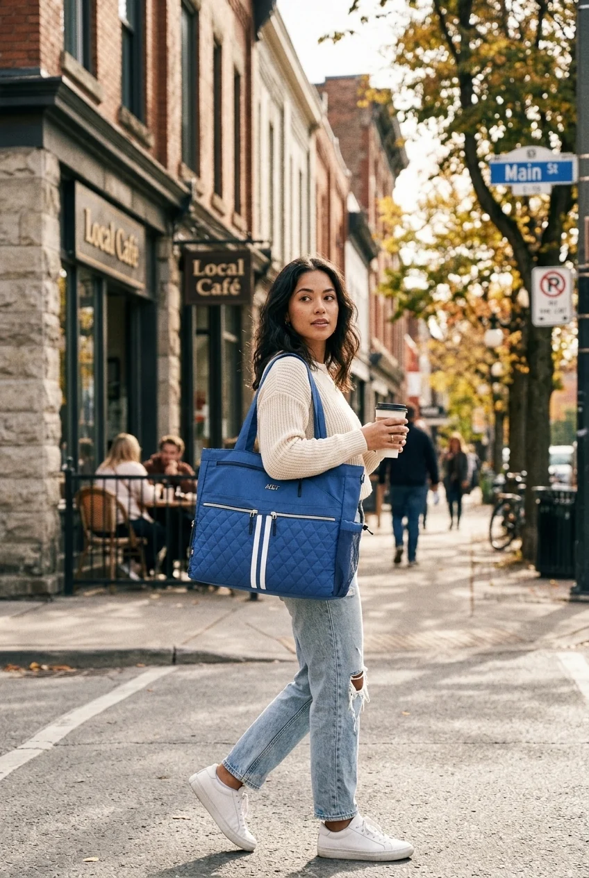 Full-length city scene showing the blue Tennis Tote carried on the shoulder with everyday clothing.