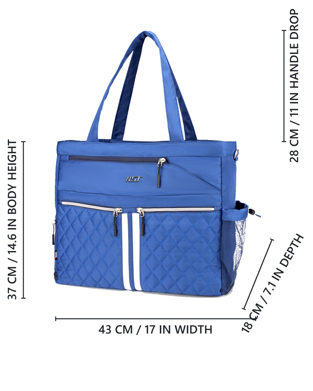 Tennis Tote dimension diagram with body and handle measurements rounded to the nearest centimeter.