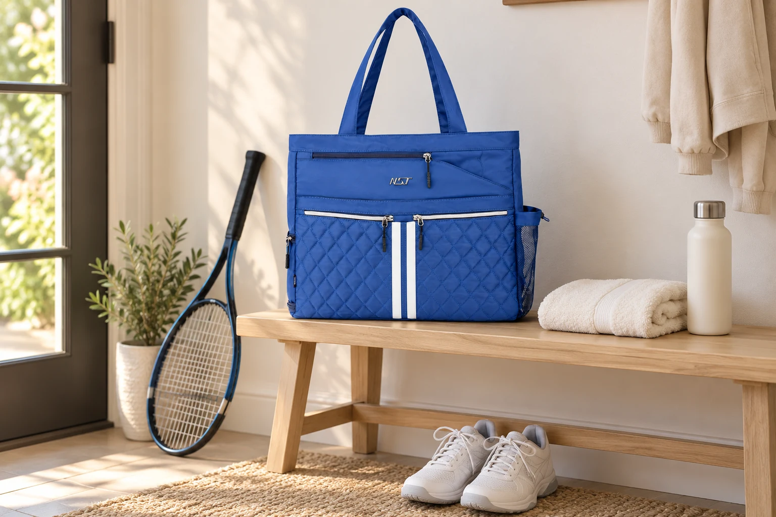 Blue NST Tennis Tote on a bench beside a racket, court shoes, a towel, and a water bottle.